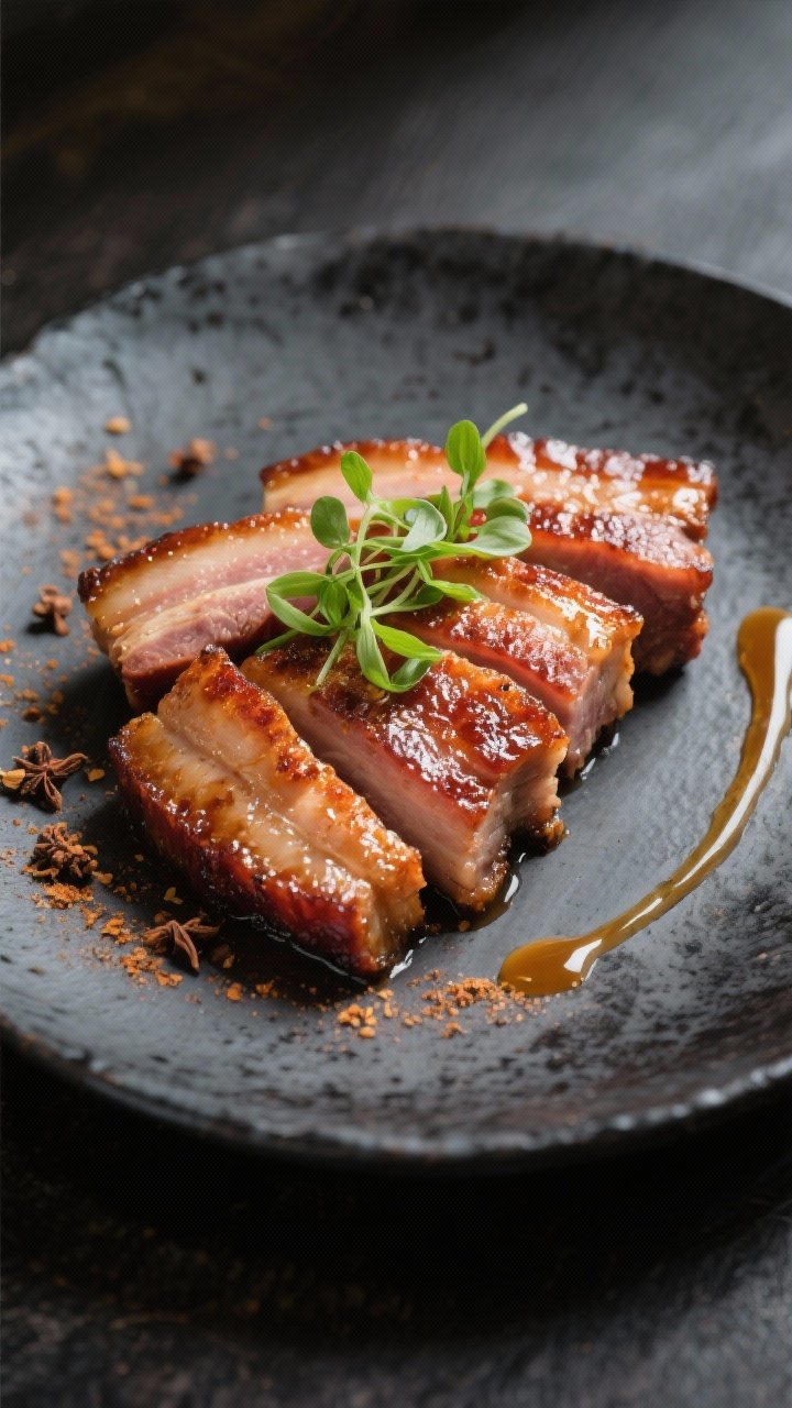 Final plated restaurant-style presentation: Pork belly slices fanned on a charcoal ceramic plate, gl