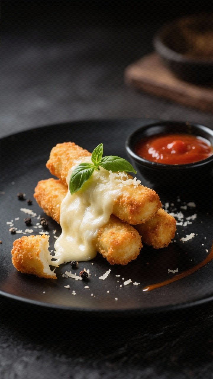 Final plated mozzarella sticks next to dips