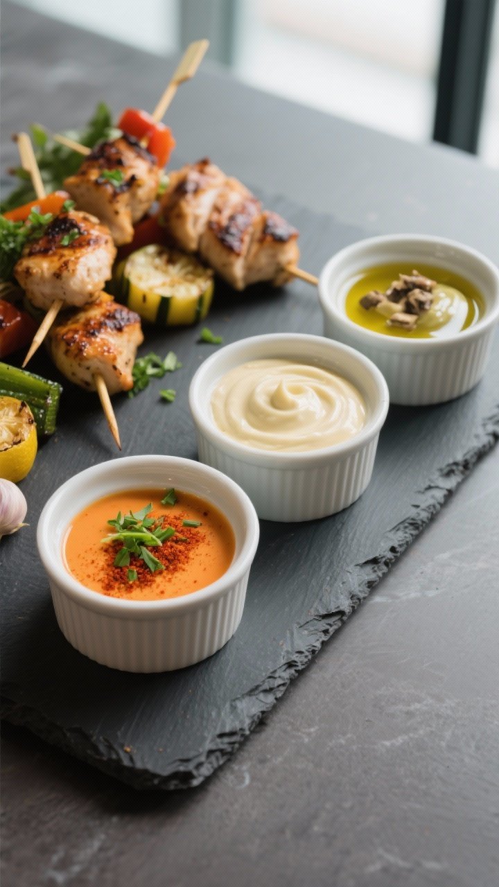 Final plated variation trio: Restaurant-style presentation of three aioli variations in matching ram