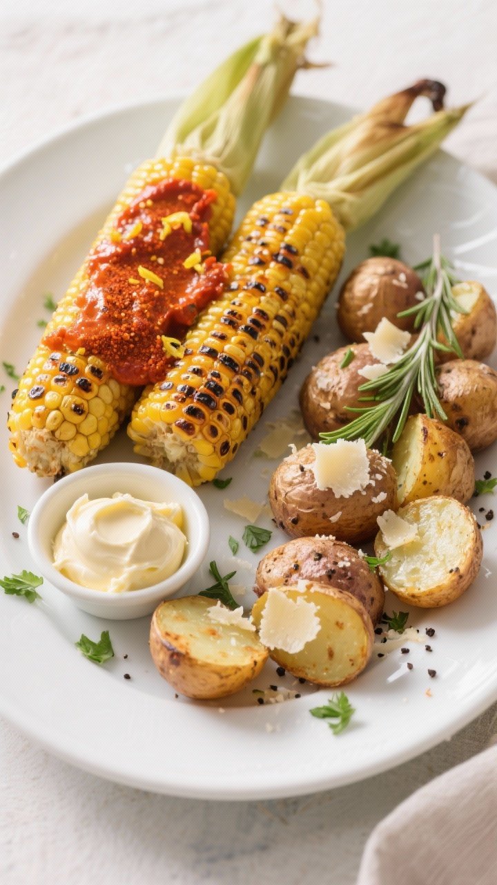 Final presentation — Grilled corn and roasted potatoes with compound butter service: half the fram