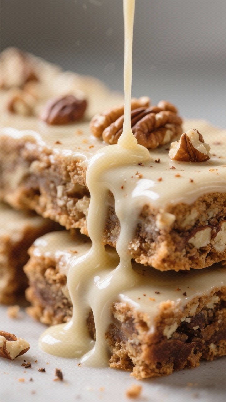 Glazing action detail: Close-up macro of a vanilla glaze drizzle cascading over cooled spice bars, g
