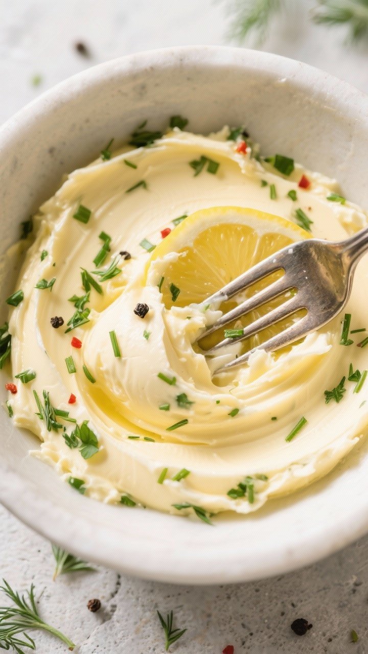 Mixing stage – Overhead shot of a bowl of softened lemon herb butter being combined: smooth, pale-