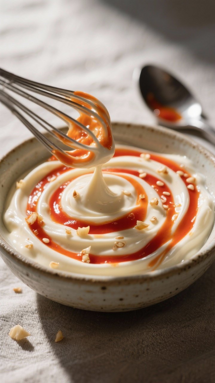 Mixing the sauce – creamy swirl detail: Macro shot of freshly whisked sriracha mayo in a small cer