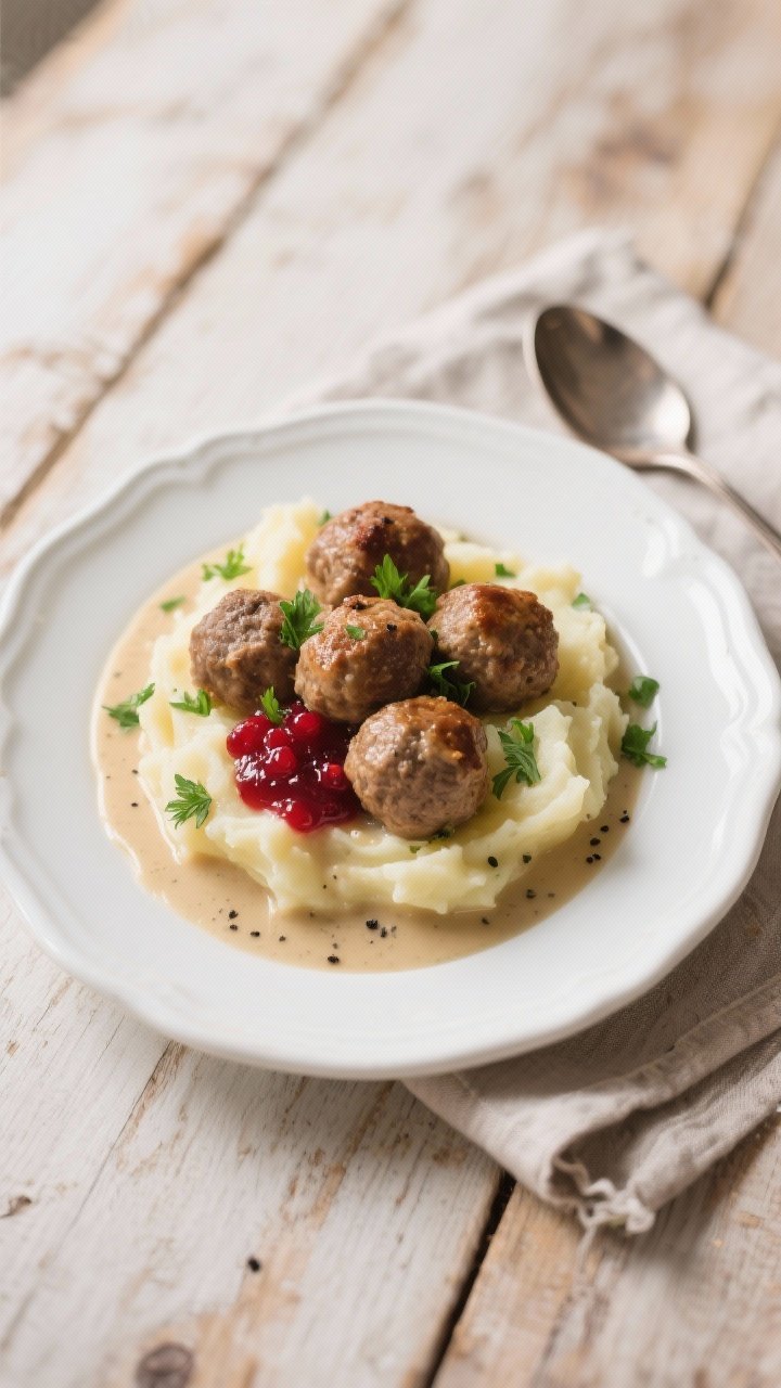 Overhead plated final dish: Swedish meatballs nestled in creamy sauce over buttery mashed potatoes,