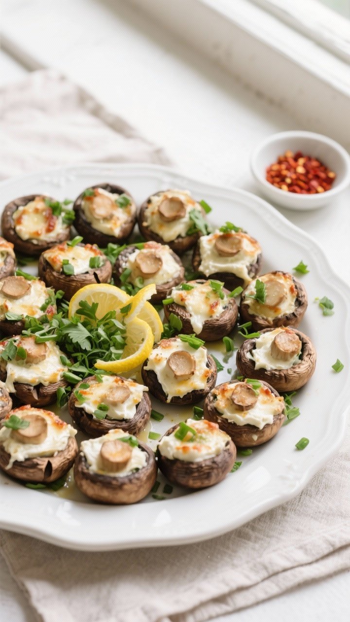 Overhead shot of a platter of stuffed mushrooms ready to serve, arranged in a circular pattern on a 