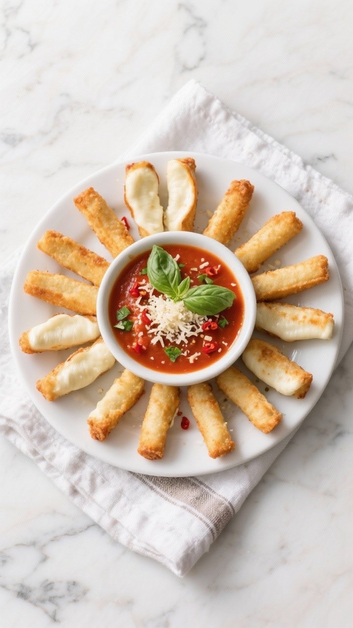 Overhead shot of a serving platter with neatly arranged air fryer mozzarella sticks around a central