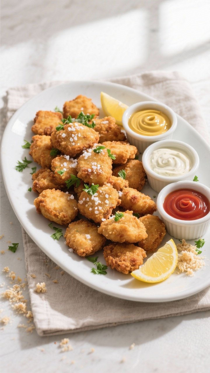 Overhead shot of a weeknight platter of chicken nuggets, arranged in a single layer on a matte white