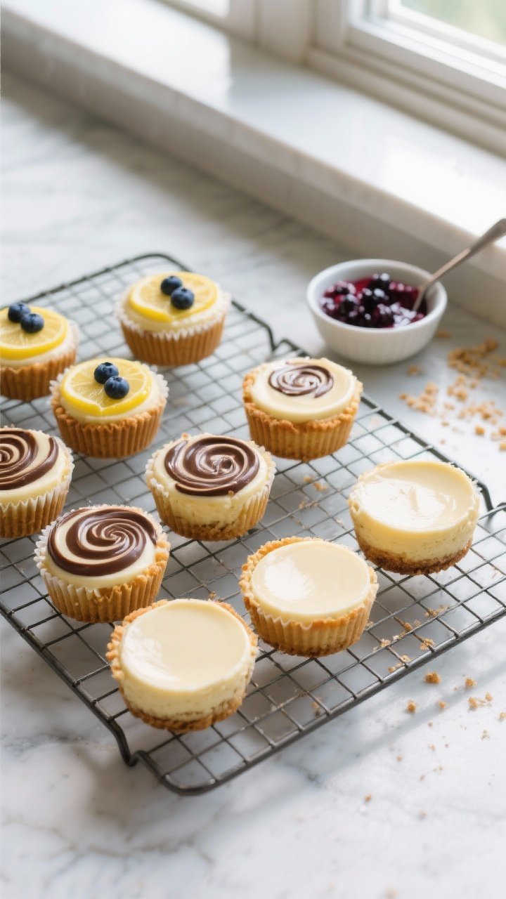 Overhead tasty top view: a cooling rack with a batch of mini cheesecakes (liners removed), smooth cr
