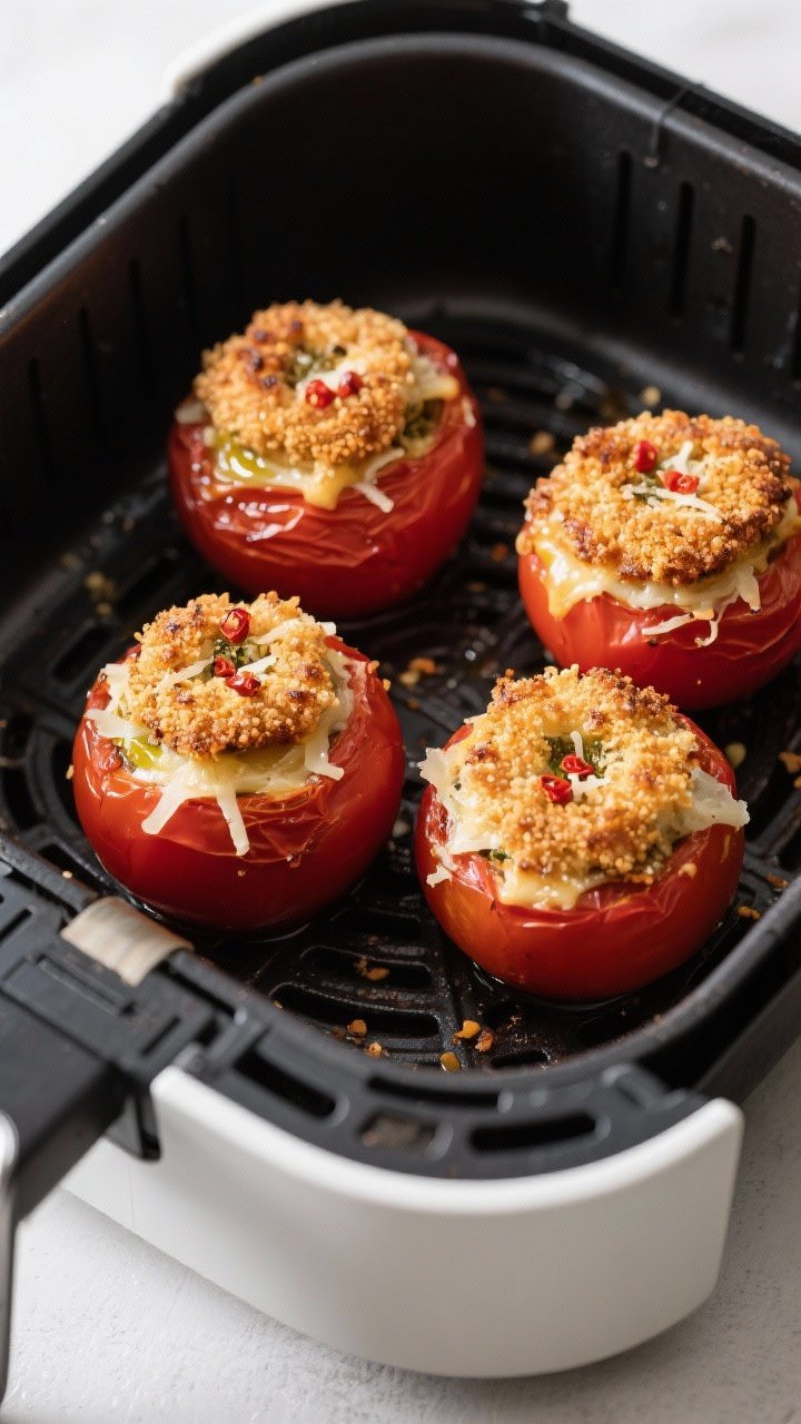 Overhead tasty top view: Four stuffed tomatoes arranged in a single layer in an air fryer basket at 