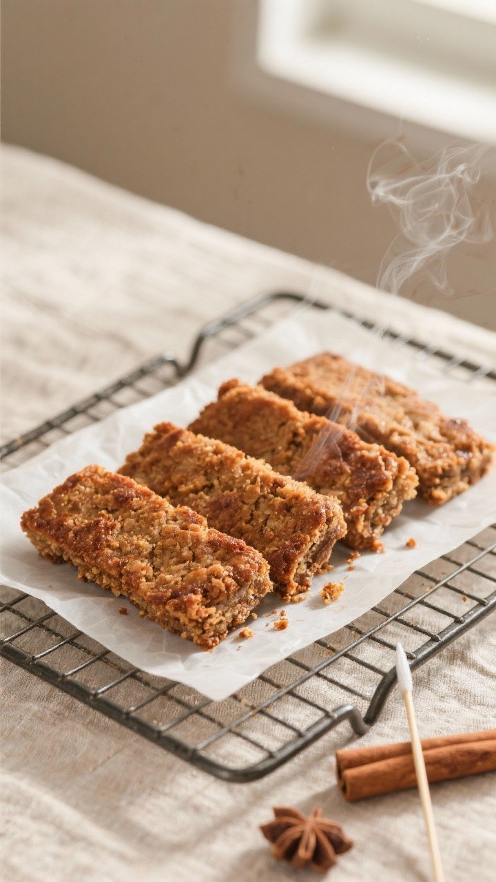 Overhead “tasty top view”: Freshly air-fried spice bars lifted out by parchment onto a cooling r