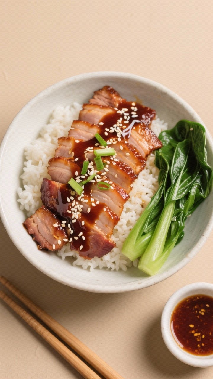 Overhead “tasty top view” of a char siu rice bowl: thinly sliced char siu layered over steamed w