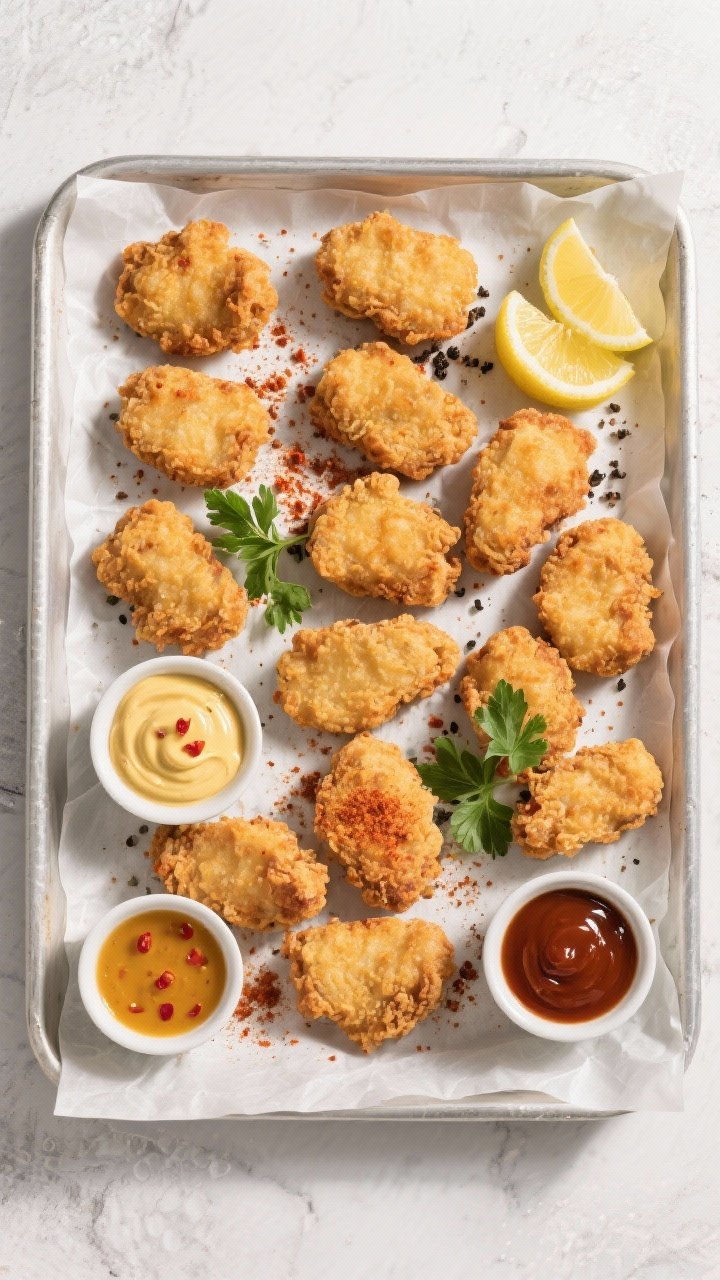 Overhead “tasty top view” of a game-day platter of air fryer chicken nuggets arranged in a singl