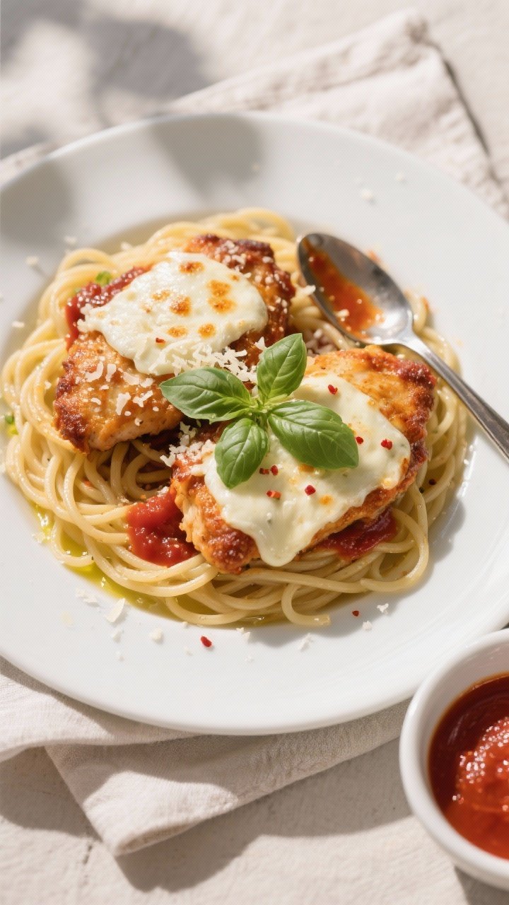 Overhead “tasty top view” of final Chicken Parmesan plated over spaghetti: two cutlets on al den