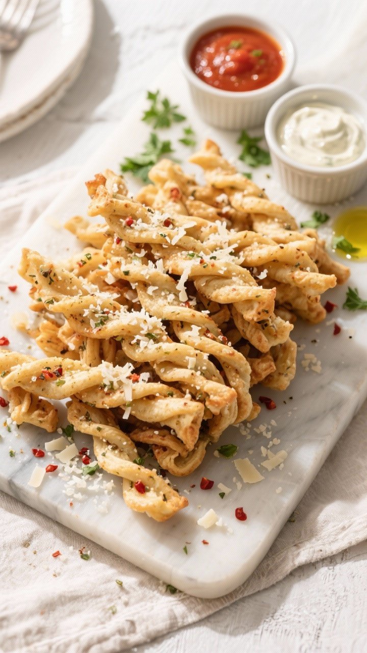 Overhead, top-view of a serving board piled with Garlic and Parmesan Twists, arranged in a loose sta