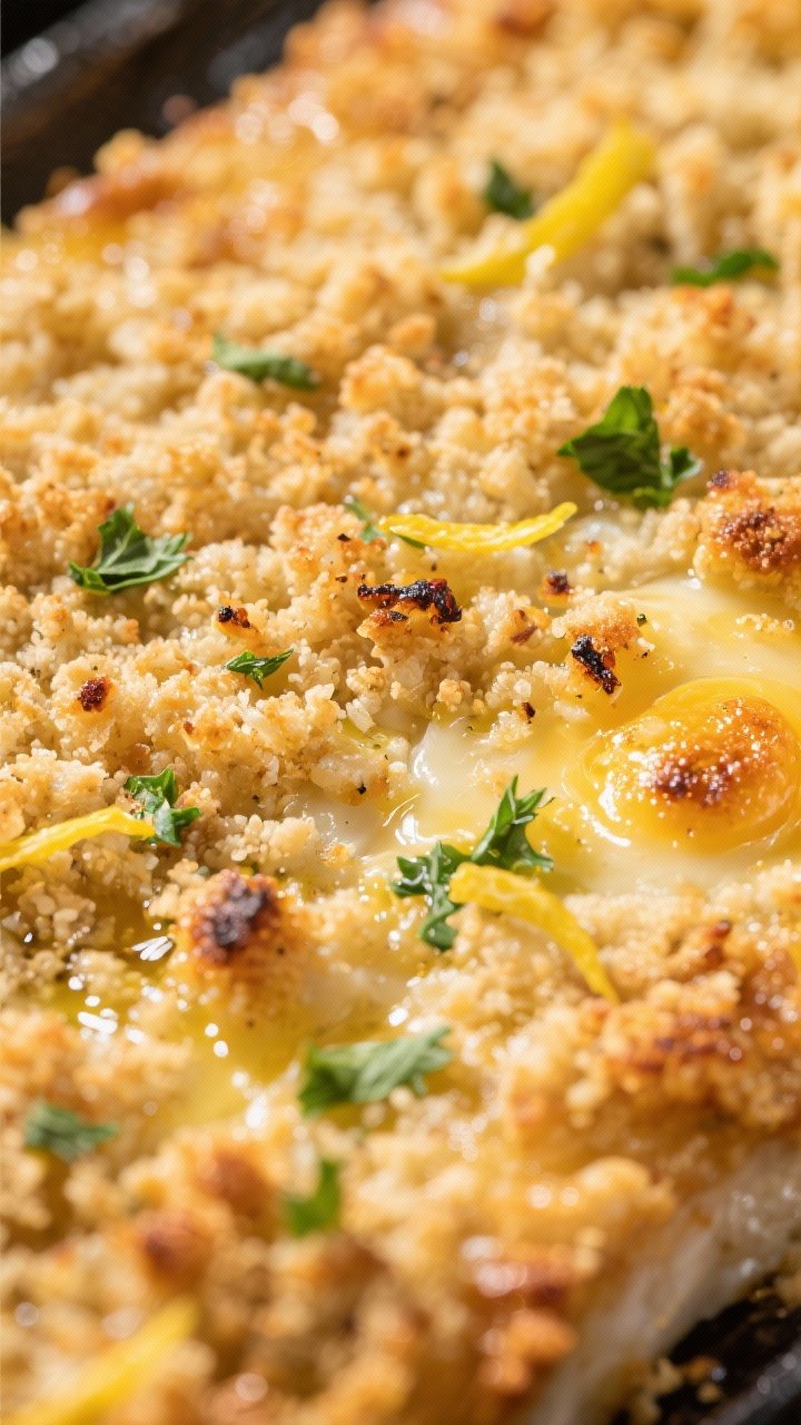 Pangrattato finish — crisp topping detail: Extreme close-up of the pangrattato-topped surface afte