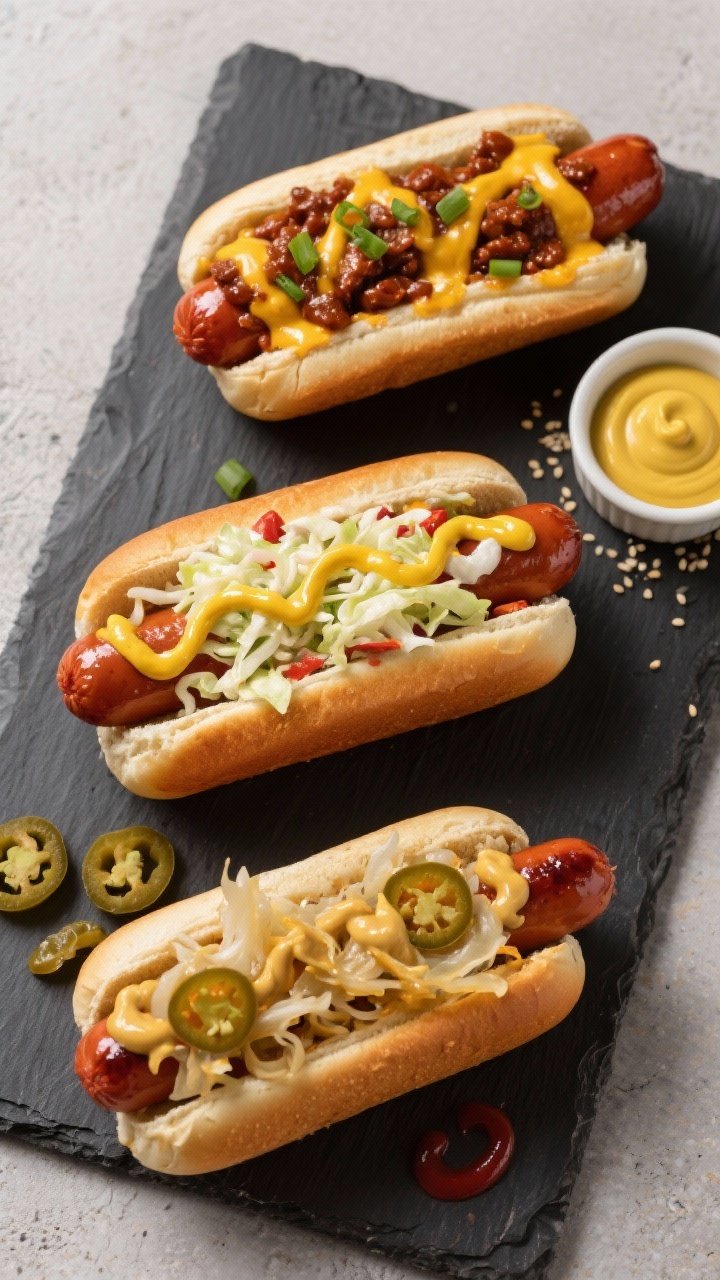 Plated variation trio, overhead: Three air-fried hot dogs on a slate board showcasing distinct style