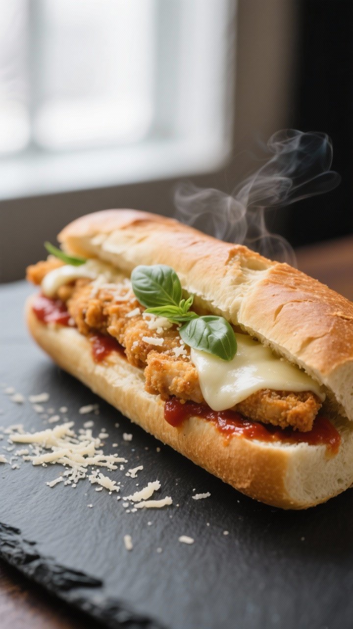 Restaurant-quality final dish close-up on a toasted hoagie roll sandwich: air-fried chicken cutlet n