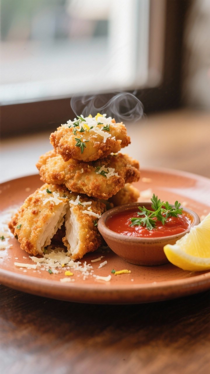 Restaurant-quality final plate: Italian-style variation of the chicken nuggets stacked casually with