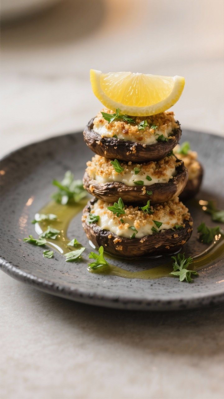 Restaurant-quality final plate: three stuffed mushrooms stacked slightly on a small charcoal-gray st