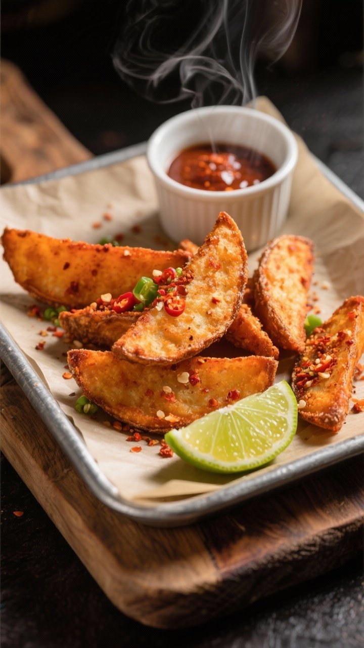 Restaurant-quality final presentation: a rustic wooden board with a parchment-lined shallow tray of 
