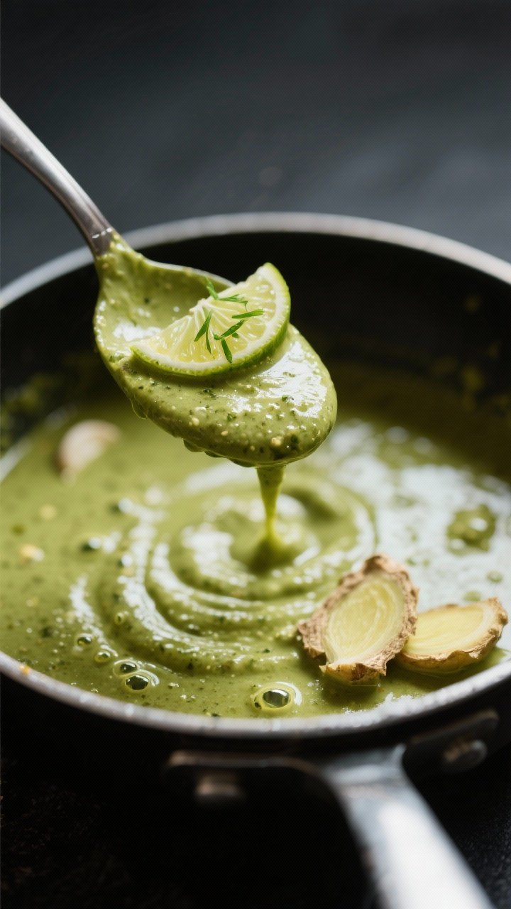 Sauce close-up detail: Small saucepan with silky green curry sauce simmering gently—creamy coconut