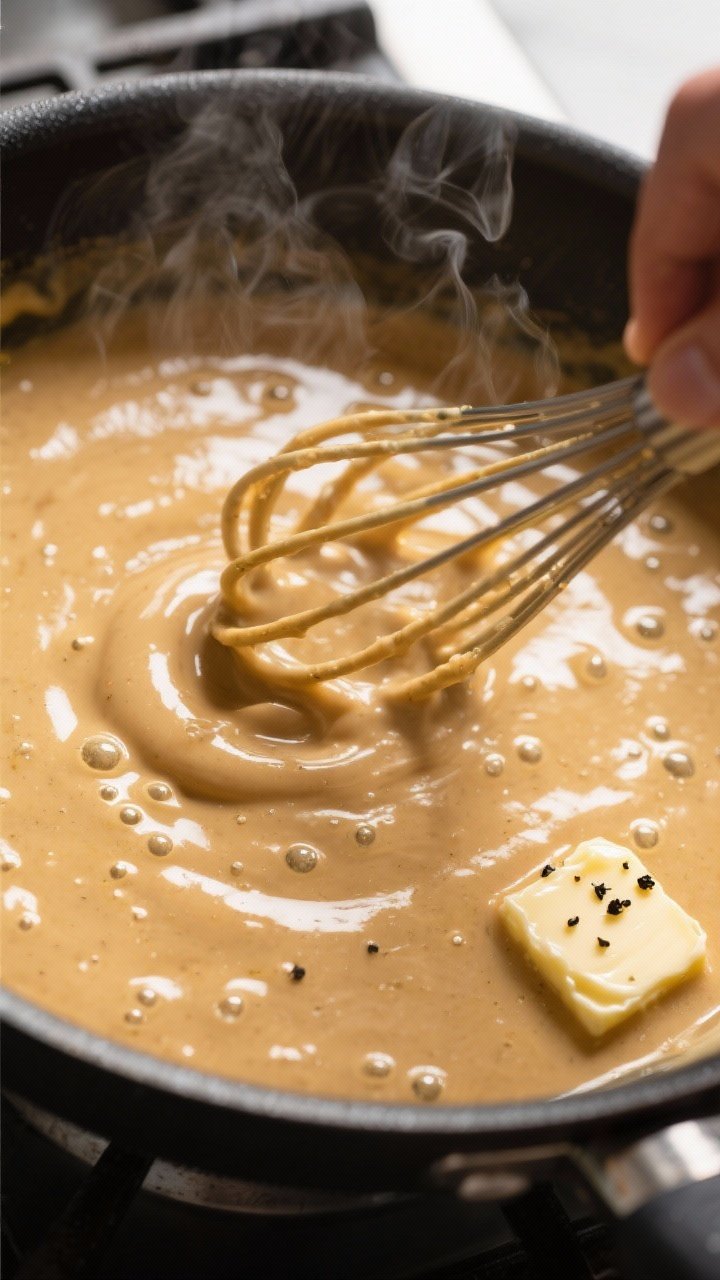 Sauce-making action shot: Silky creamy gravy in a skillet mid-simmer, whisk swirling through a gloss