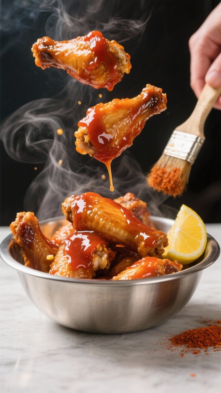 Sauce toss action: Steaming hot wings in a stainless mixing bowl being coated with a glossy hot sauc