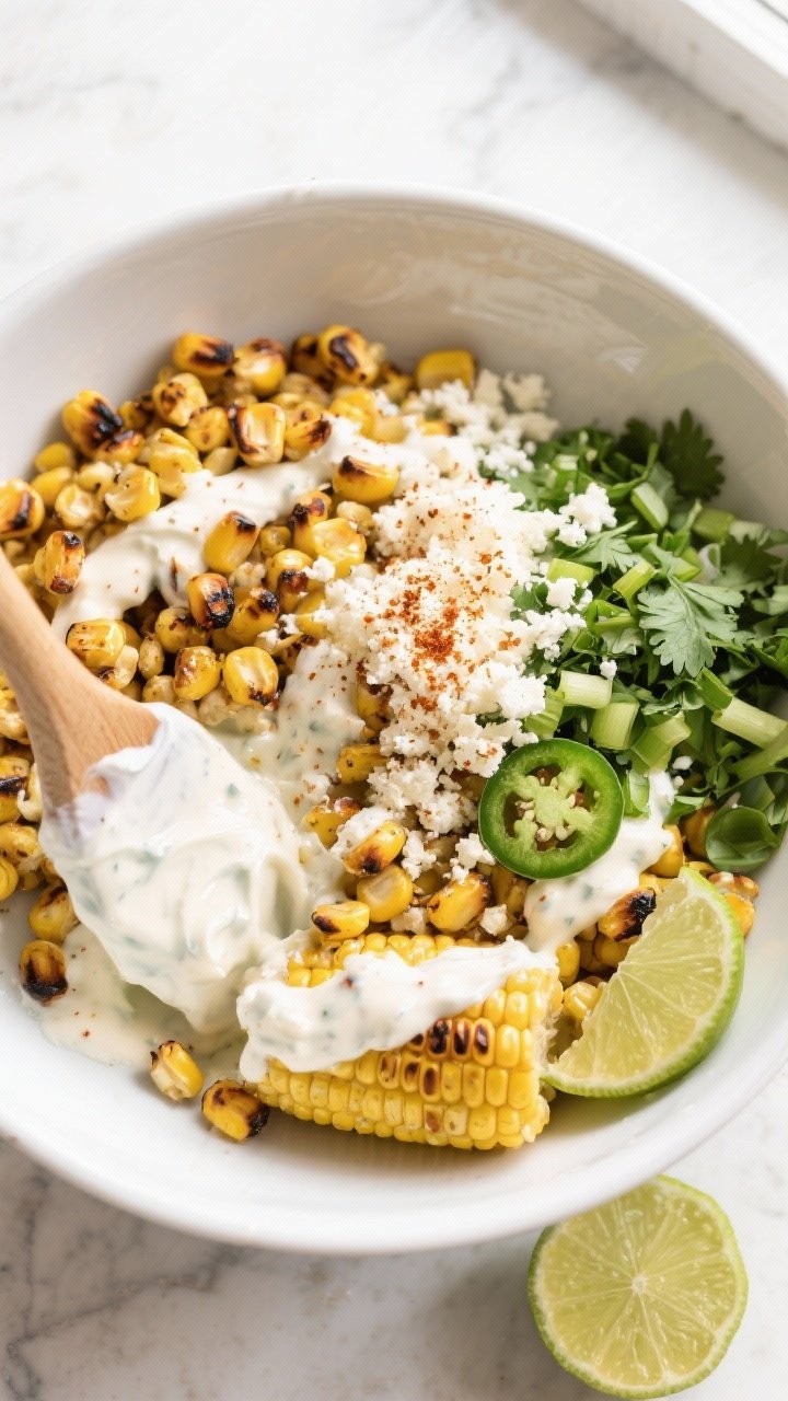 Saucing and mix-in stage: Overhead shot of hot charred corn in a wide white mixing bowl being freshl
