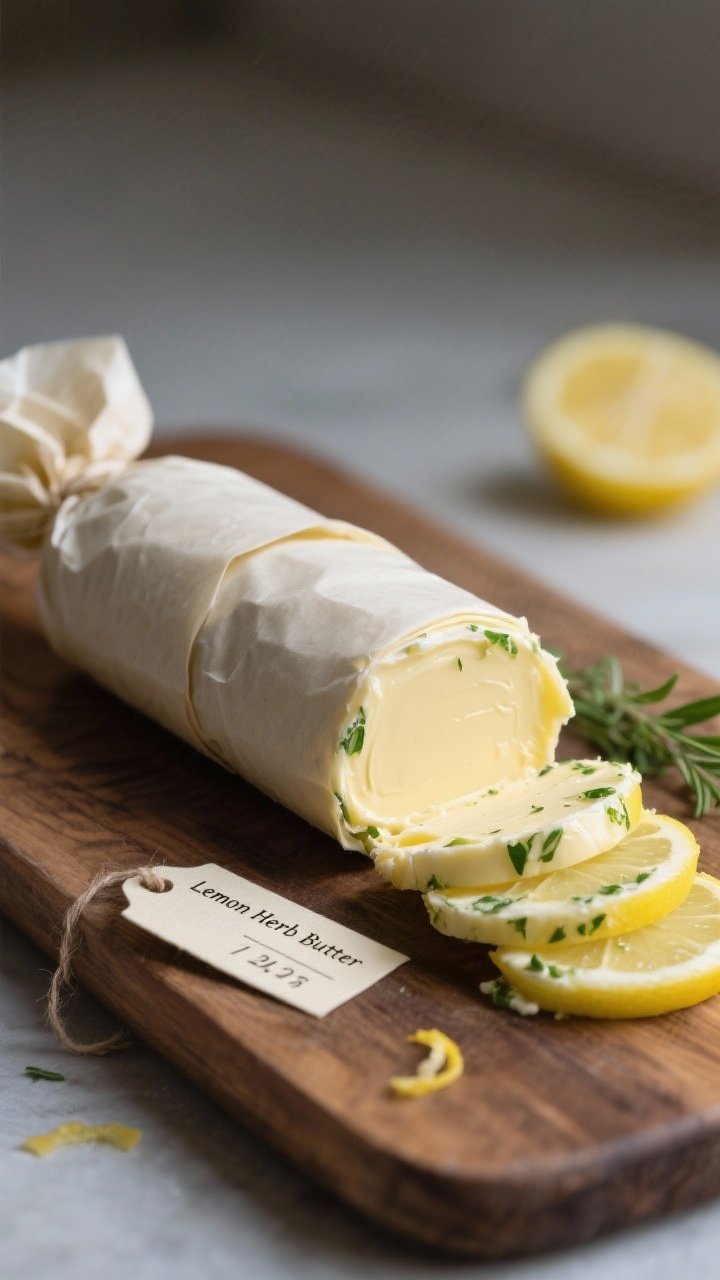 Shaping and storage – Close-up detail of a tight parchment-wrapped log of lemon herb butter on a w