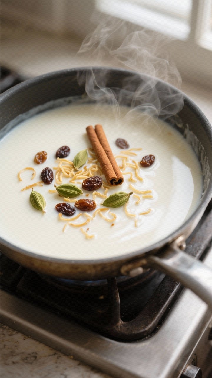 Simmering stage – Spiced milk base: Overhead shot of a heavy saucepan with silky, steaming milk ge