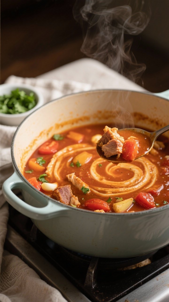 Stew base simmer: Three-quarter angle of a wide, enameled pot on the stovetop with the tomato-chicke