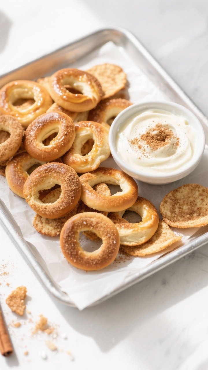 Sweet variation top view: Tasty top-down shot of cinnamon-sugar bagel chips on a parchment-lined tra