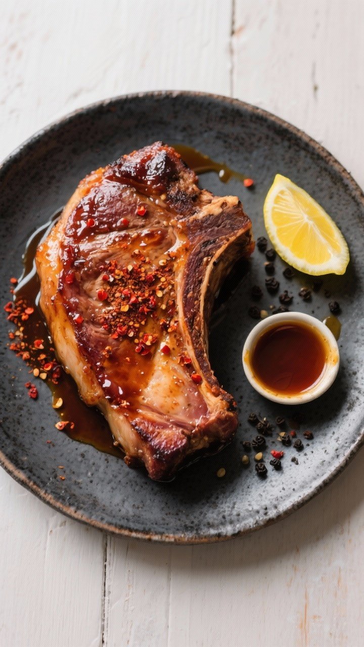 Tasty top-down shot: Overhead hero image of whole glazed ham steak on a dark stoneware plate, deep a