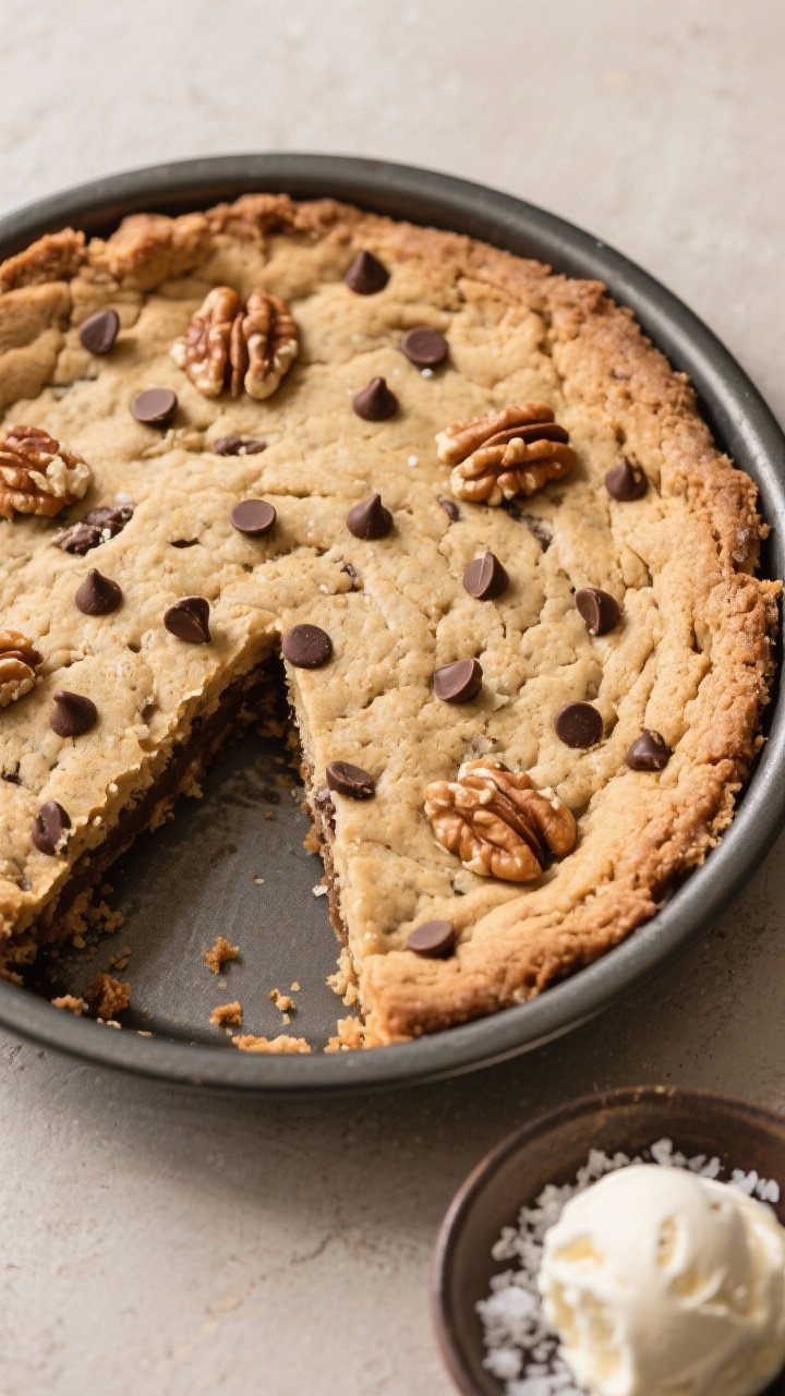 Tasty top-down shot: Overhead of the whole cookie pie still in the pan, clean wedge removed to show 