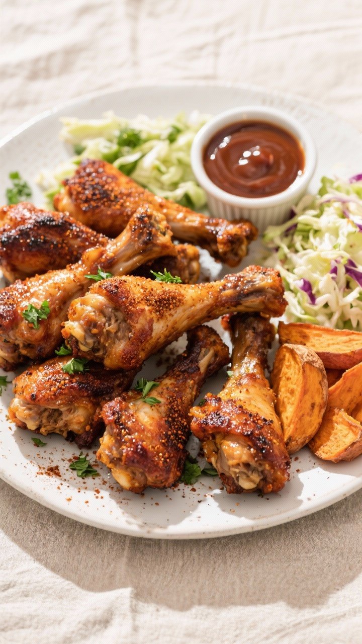 Tasty top-down spread: Overhead shot of a game-day style serving—pile of smokey spice rub drumstic
