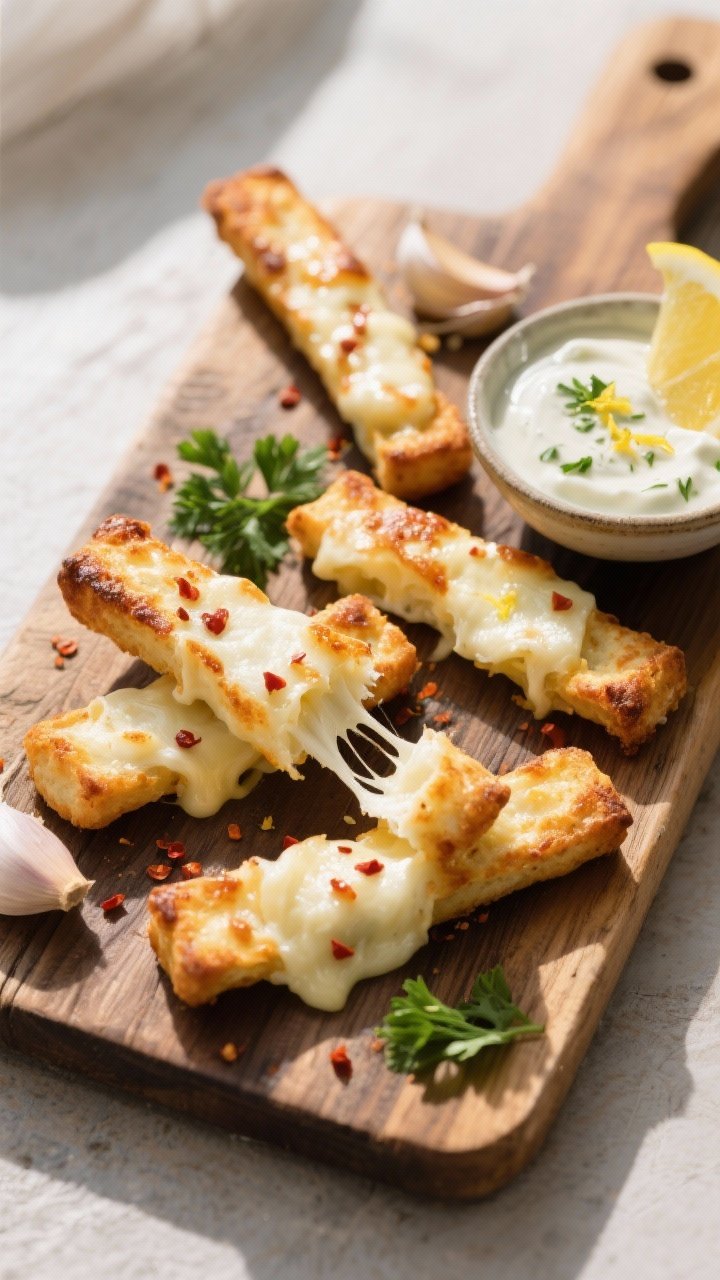 Tasty top-down variation: overhead shot of Cheesy Garlic Sticks—mozzarella visibly melted and ligh