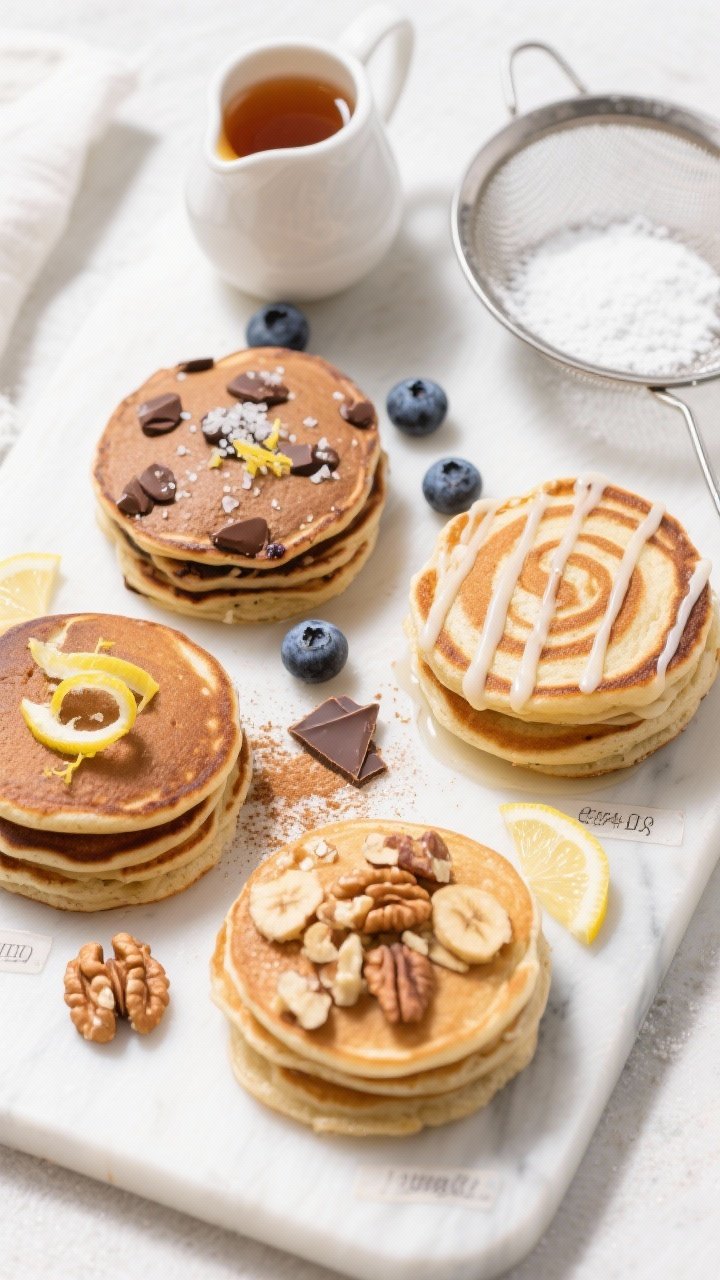 Tasty top-down variety board: Overhead breakfast spread featuring four flavor variations—Blueberry