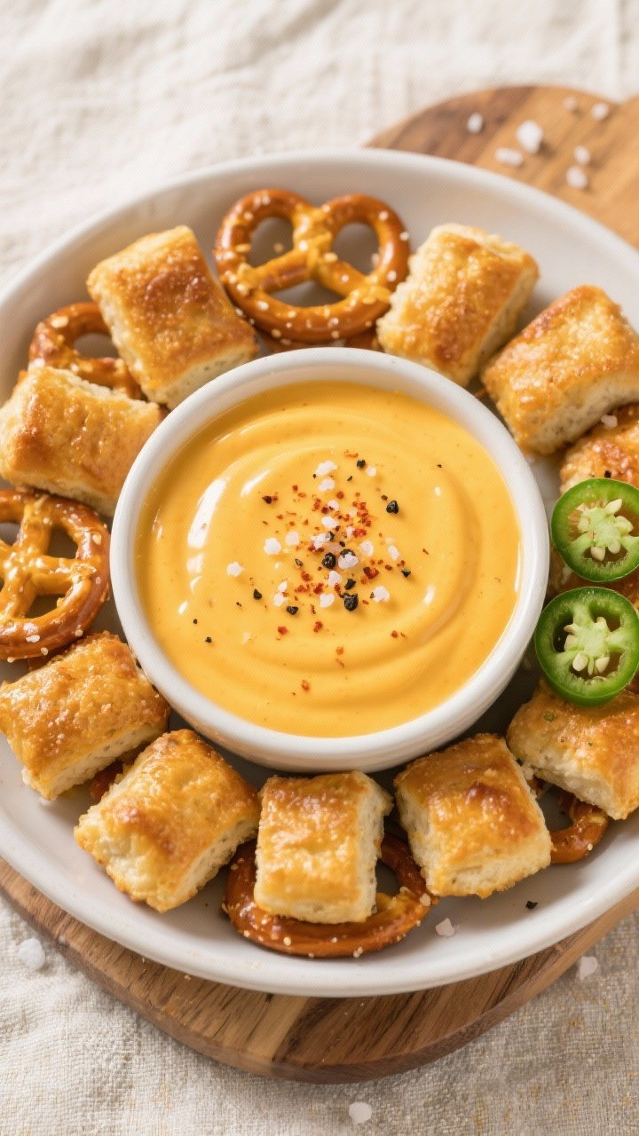Tasty top view: A game-day style platter of golden pretzel bites surrounding a bowl of silky cheddar