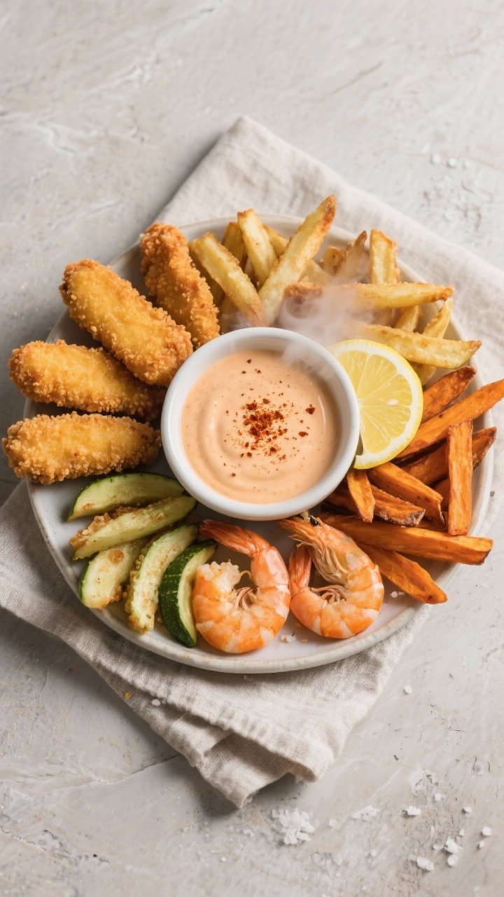 Tasty top view: Air-fried assortment platter—golden chicken tenders, crispy breaded shrimp, zucchi
