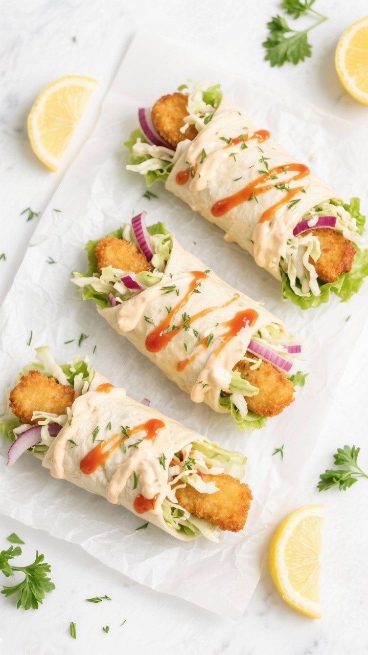 Tasty top view: Assembled air fryer fish finger rolls (3–4 per roll) on a parchment-lined sheet, e