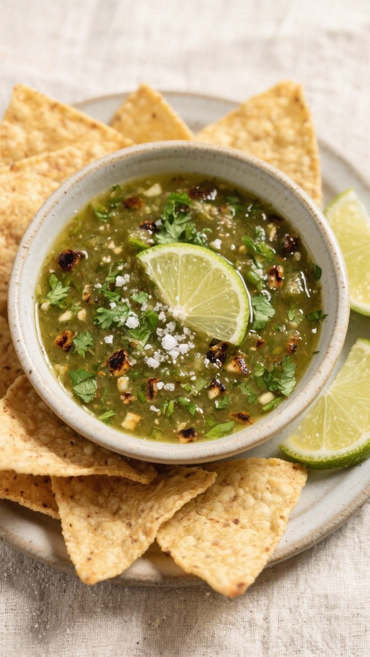 Tasty top view: Bowl of finished air fryer salsa verde, glossy and pourable with visible cilantro fl