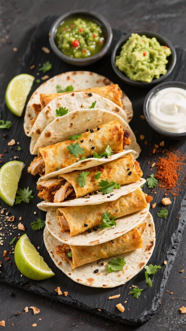 Tasty top view: Bright, top-down platter of finished chicken taquitos stacked in a fan on a matte bl