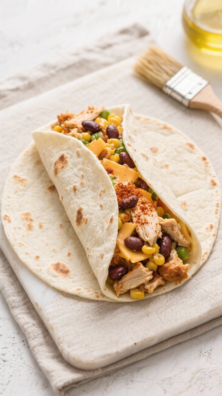 Tasty top view — build and fold stage: Overhead shot of a warmed flour tortilla mid-fold with 2/3
