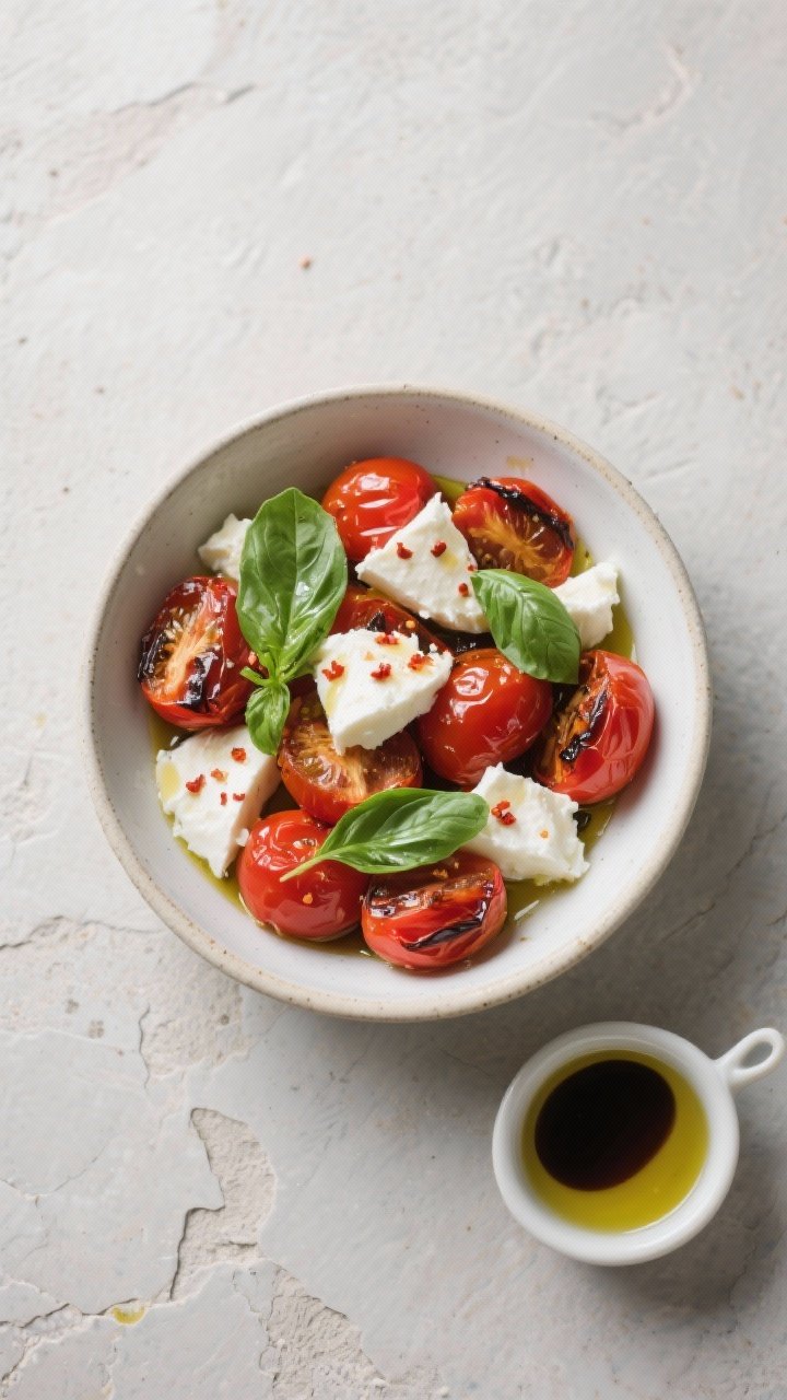 Tasty top view: Caprese-style bowl of warm roasted cherry tomatoes with torn fresh mozzarella, basil