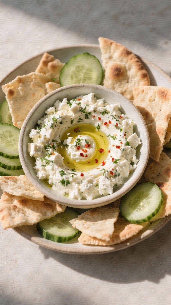 Tasty top view: Chunky feta dip variation in a wide shallow bowl, visible crumbles of feta and herb