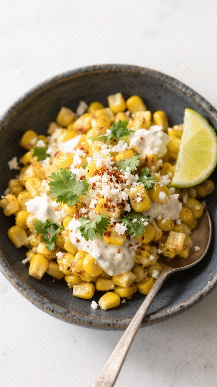 Tasty top view (esquites variation): Overhead bowl of off-the-cob elote, kernels cut after air fryin
