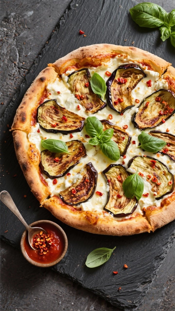 Tasty top view: Final Air Fryer Eggplant and Ricotta Pizza just finished cooking—golden edges, cri