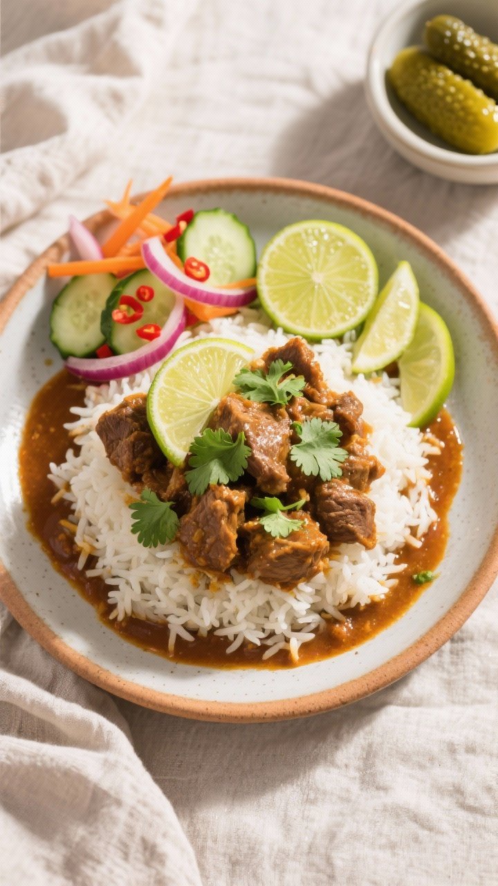 Tasty top view: Final plated Air Fryer Sweet Lamb Curry over fluffy basmati rice, sauce pooling slig