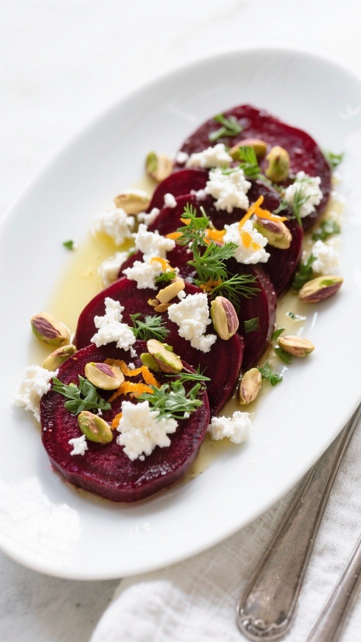 Tasty top view — Final plated side: Overhead shot of Air Fryer Roasted Beets with Goat Cheese on a