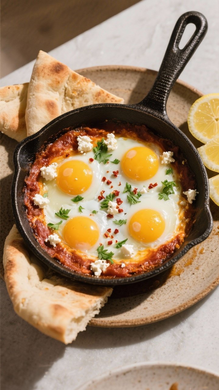 Tasty top view: Final shakshuka just finished at 325°F, photographed from directly above—four per